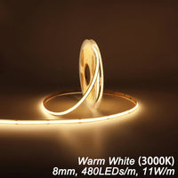 Ruban LED COB 9 couleurs – blanc chaud 3000 K, 8 mm, 480 LED/m
