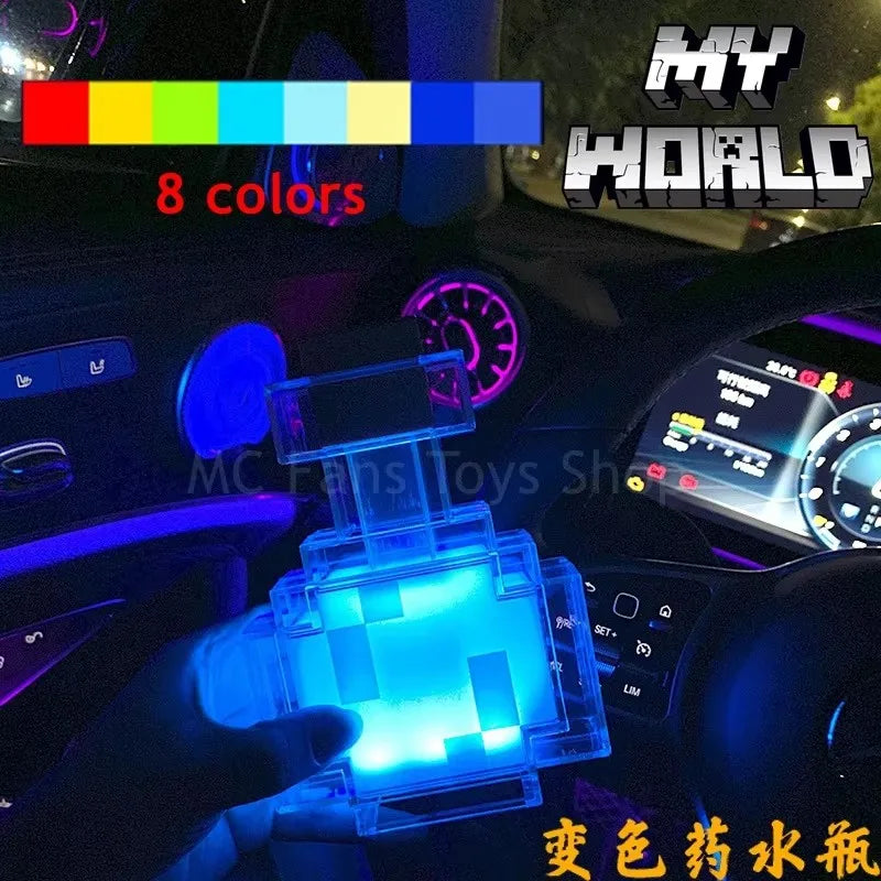 Lampe 3D Minecraft – bouteille de potion allumée en bleu, tenue à la main