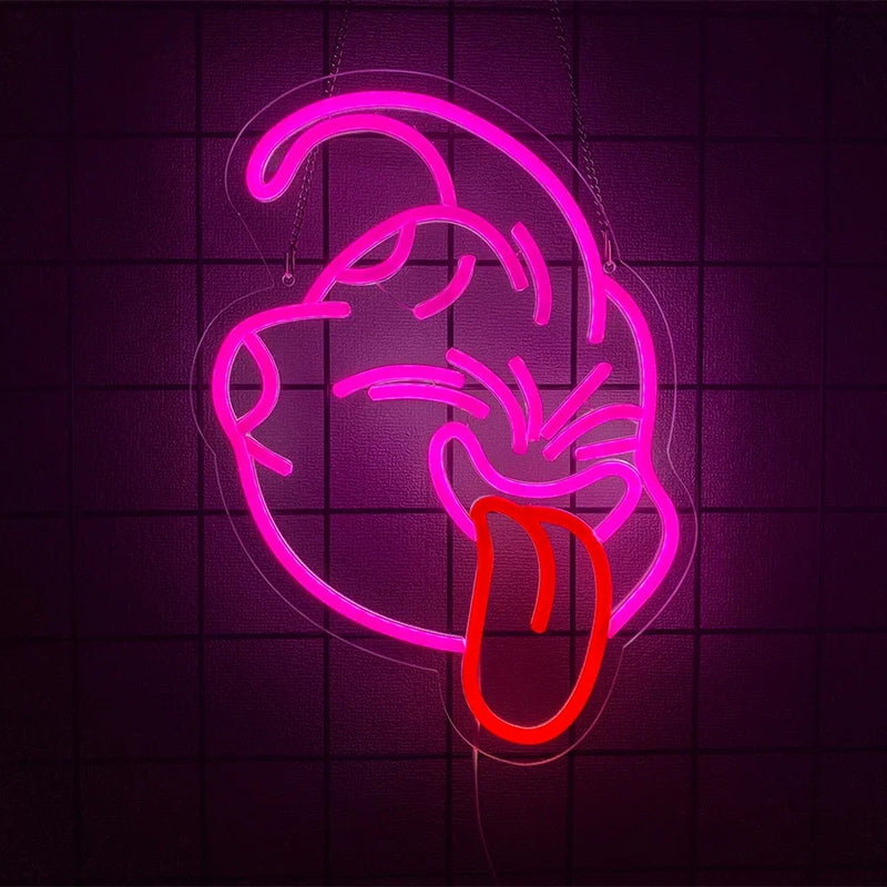 Néon LED mural tête rose à langue rouge – néon allumé, suspendu à sa chaîne