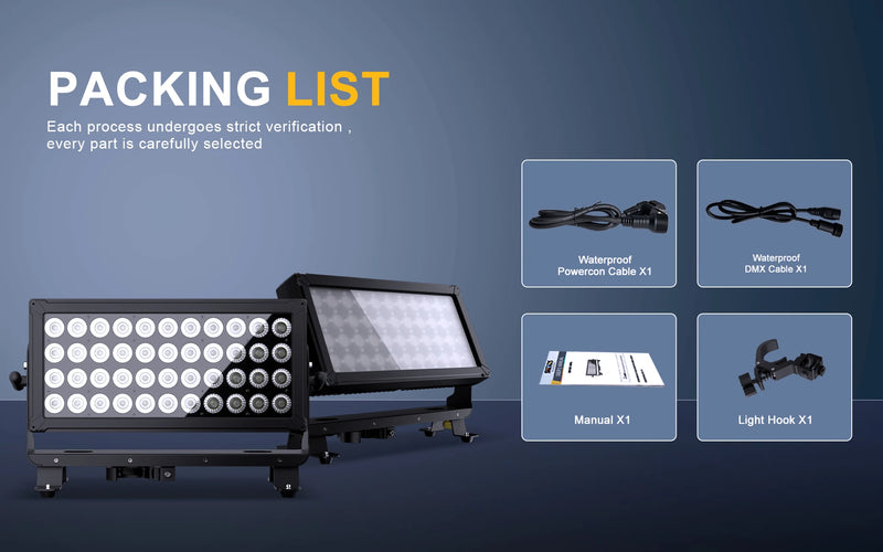 Projecteur LED extérieur IP65 44 x 10 W – contenu du colis : câbles d'alimentation et DMX étanches, manuel et crochet