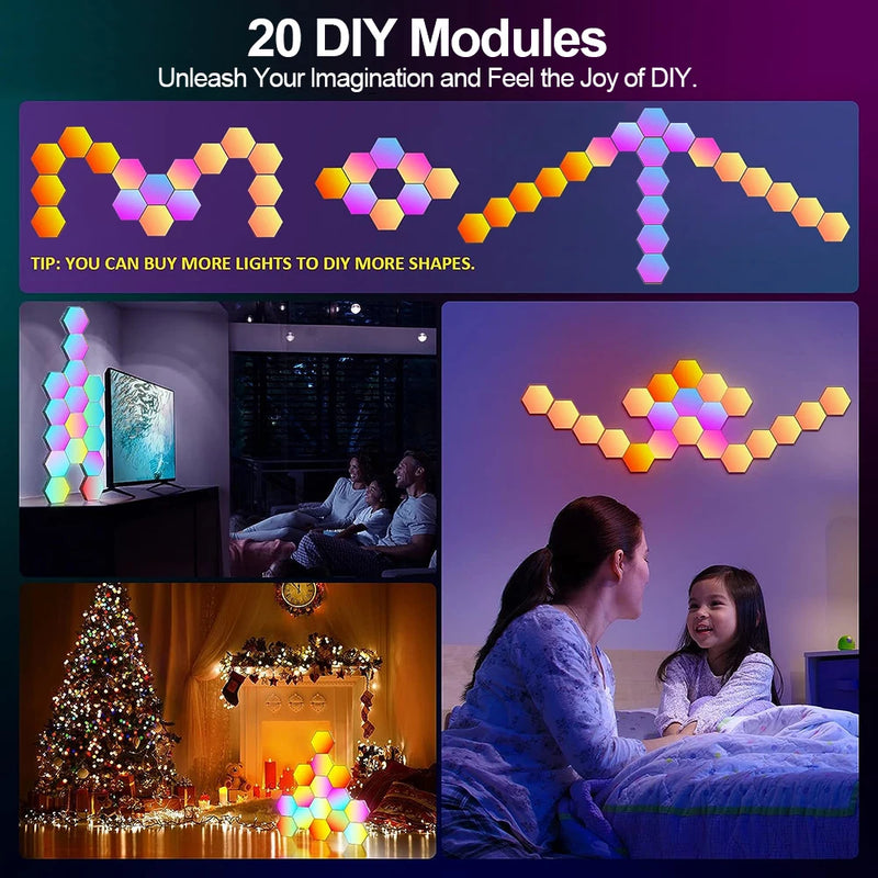 Panneau LED hexagonal mural RGB, application, télécommande, lot de 8 à 20