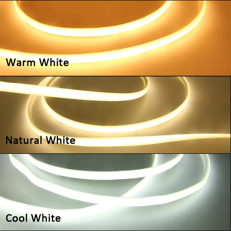 Ruban LED COB 220 V en silicone – trois teintes : blanc chaud, blanc naturel et blanc froid