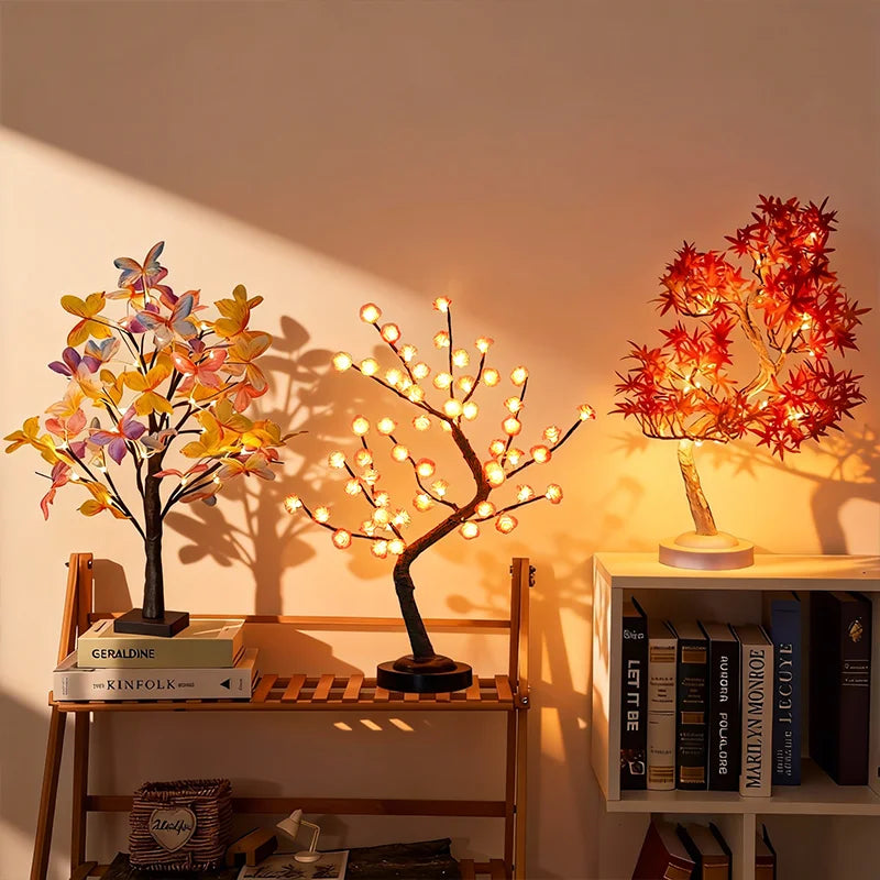 Arbre lumineux bonsaï – papillons, prunier et érable allumés sur une étagère