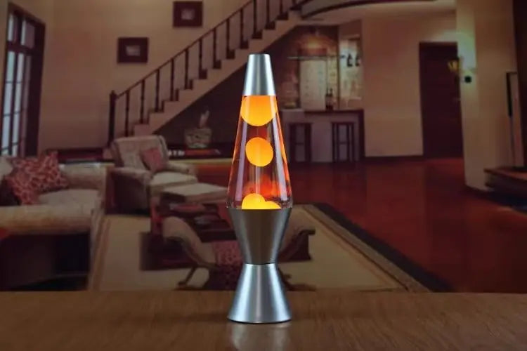 Lampe à lave 36 cm – version cire orange, base argentée
