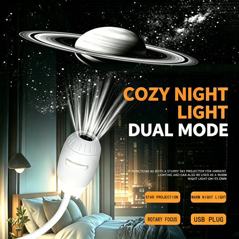Mini projecteur d'étoiles USB à tête ogive – lampe en double mode devant des anneaux de Saturne
