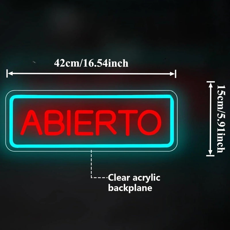 Enseigne néon ABIERTO – dimensions 42 x 15 cm, plaque acrylique transparente