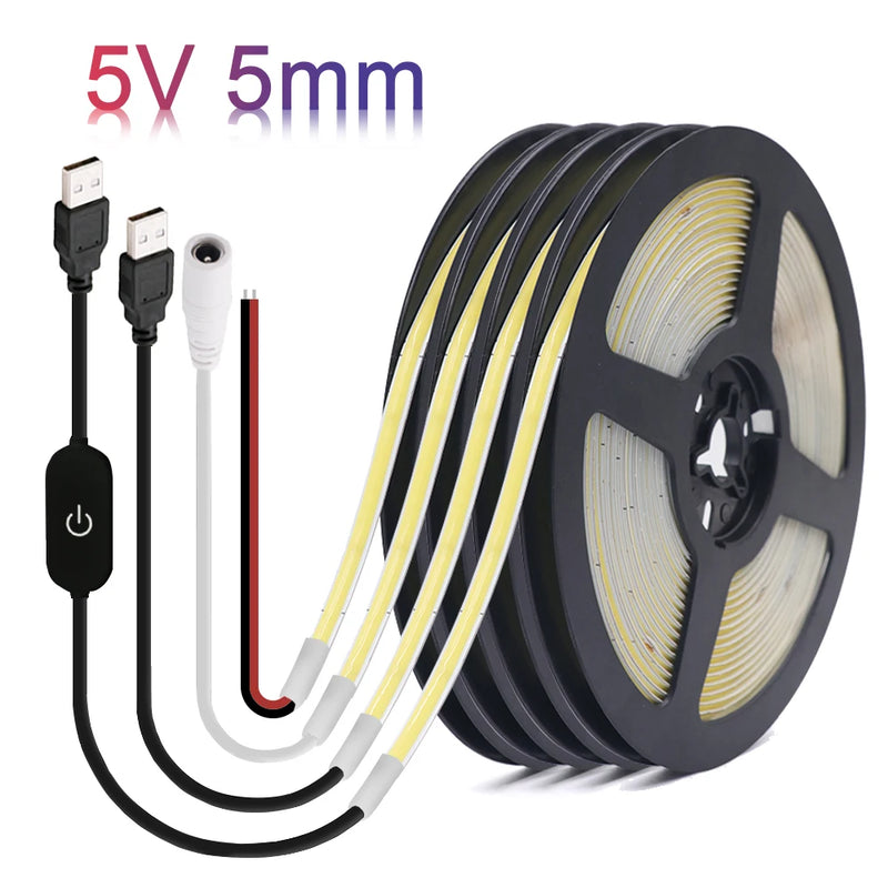 Ruban LED USB COB 5 V de 5 mm, 8 couleurs, 0,5 à 5 m