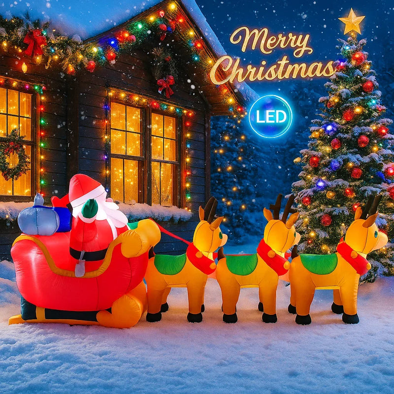 Père Noël gonflable avec traîneau et 3 rennes lumineux LED, 3 m