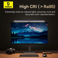 Barre lumineuse Baseus i-work 3 – rendu des couleurs Ra95 devant un écran affichant un paysage de montagne