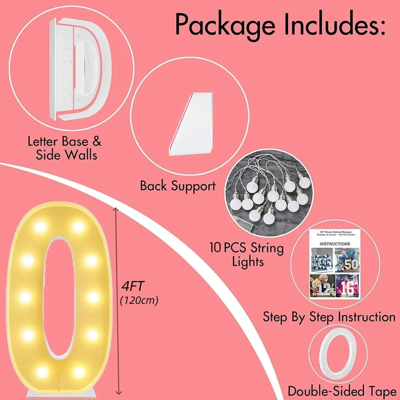 Lettre lumineuse géante 120 cm en carton mousse, 10 ampoules LED blanc chaud