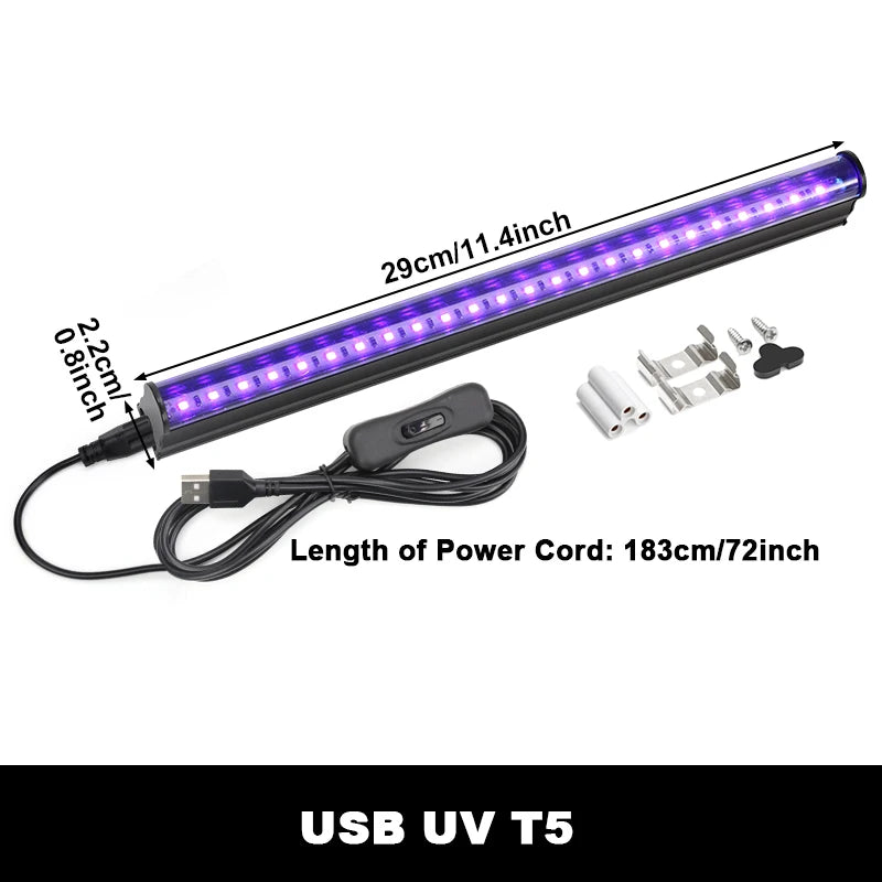Barre lumière noire LED UV USB, lot de 2, tubes T8 33 cm ou T5 29 cm