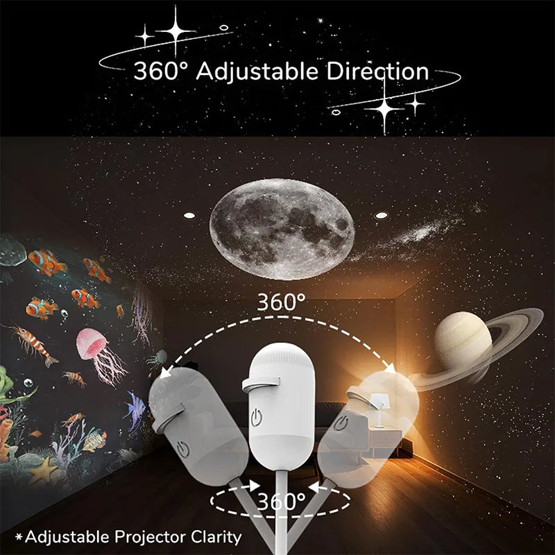 Projecteur ciel étoilé adulte et enfant – orientation à 360° : la lampe projette la Lune, des planètes et des poissons
