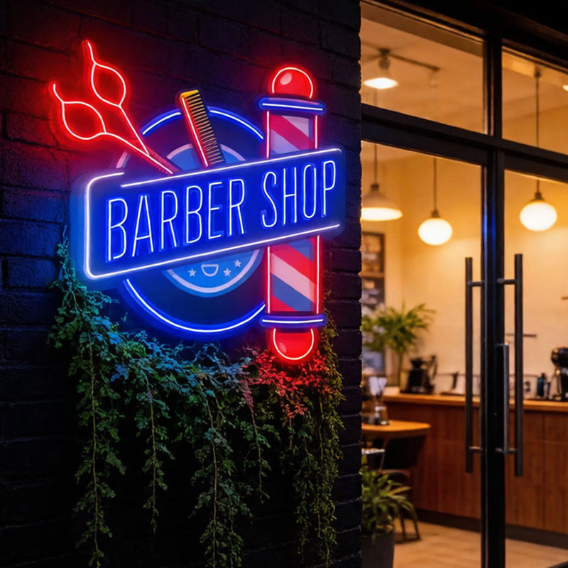 Enseigne néon Barber Shop – façade de salon, autre vue