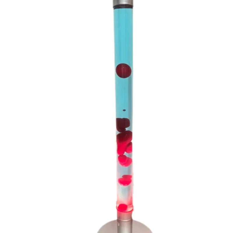 Lampe à lave tube 55 cm – version à liquide bleu sur son socle argenté