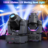 Mini lyre LED spot 120 W – deux lyres en situation avec faisceaux sur scène