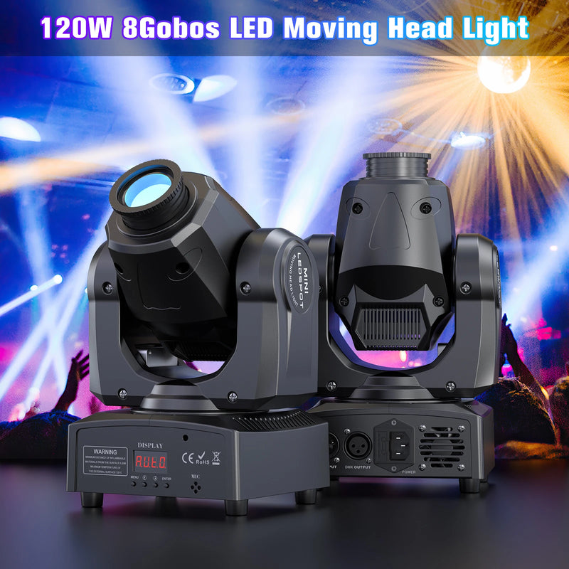 Mini lyre LED spot 120 W – deux lyres en situation avec faisceaux sur scène