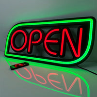 Panneau lumineux OPEN – modèle OPEN rouge, cadre vert, 53 x 23 cm