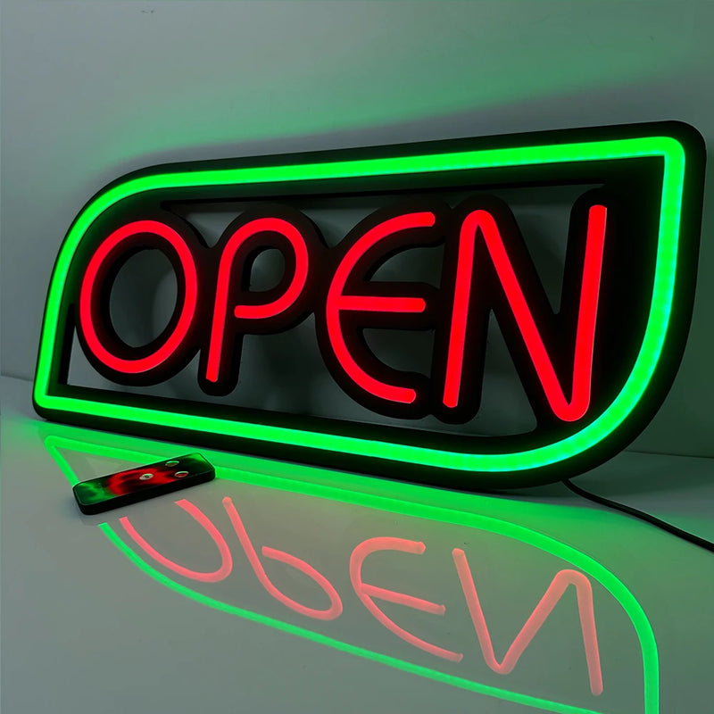Panneau lumineux OPEN – modèle OPEN rouge, cadre vert, 53 x 23 cm