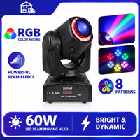 Mini lyre LED beam 60 W à anneau RGB, 8 gobos, DMX, à l'unité ou par 2