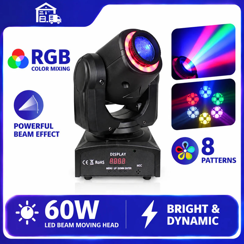 Mini lyre LED beam 60 W à anneau RGB, 8 gobos, DMX, à l'unité ou par 2