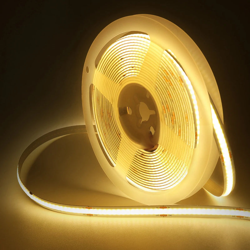 Ruban LED COB fin – bobine blanc chaud allumée