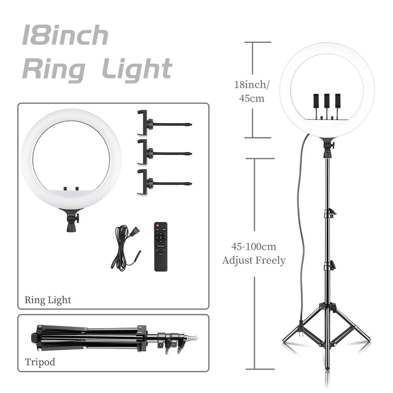 Ring light LED 45-48 cm, trépied au choix, 3 supports téléphone