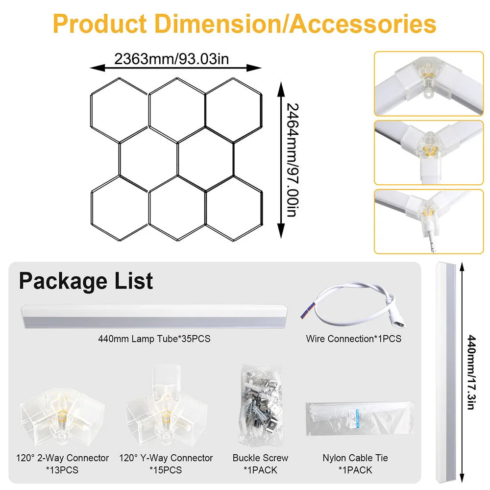 Plafonnier LED hexagonal garage blanc 6500 K, 1 à 14 hexagones
