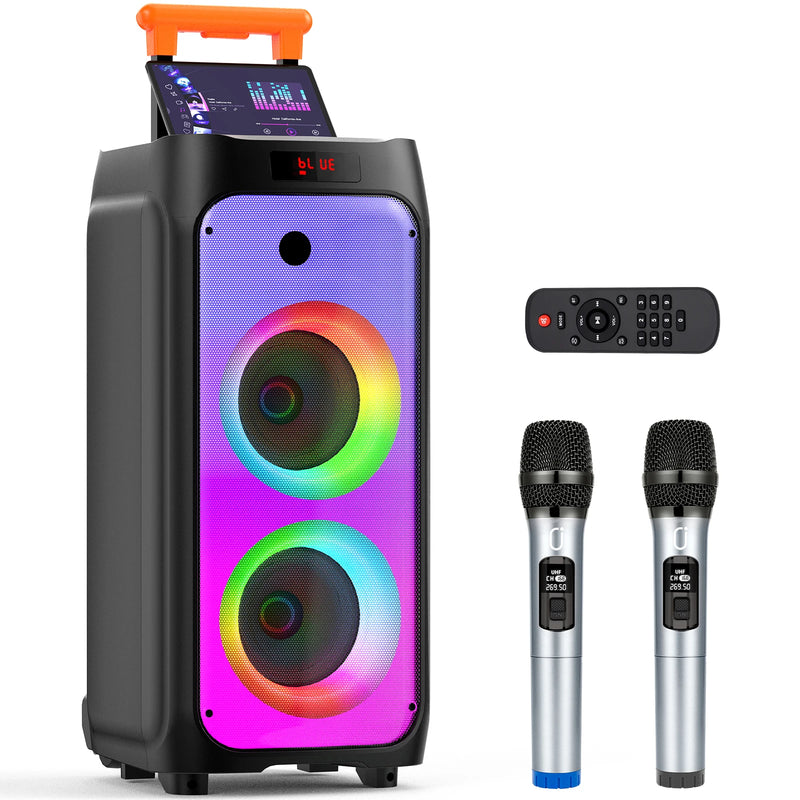 Enceinte karaoké lumineuse 500 W sur roulettes, Bluetooth, micros sans fil