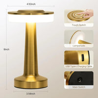 Lampe de table sans fil à pied évasé – dimensions et détails : interrupteur, abat-jour, port USB Type-C