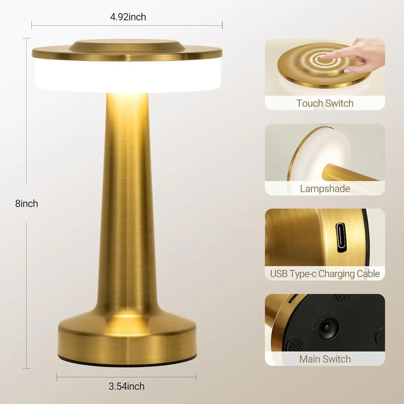 Lampe de table sans fil à pied évasé – dimensions et détails : interrupteur, abat-jour, port USB Type-C