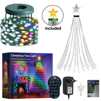 Guirlande de sapin cascade RGB – contenu avec étoile, télécommande et adaptateur à fiche européenne