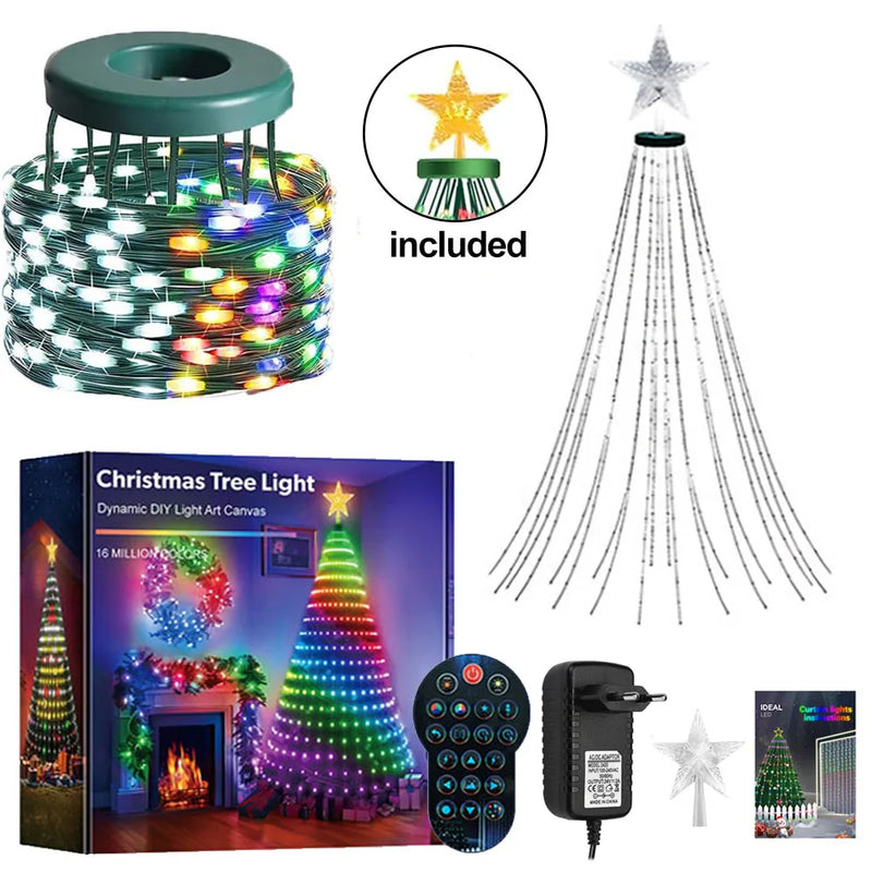 Guirlande de sapin cascade RGB – contenu avec étoile, télécommande et adaptateur à fiche européenne