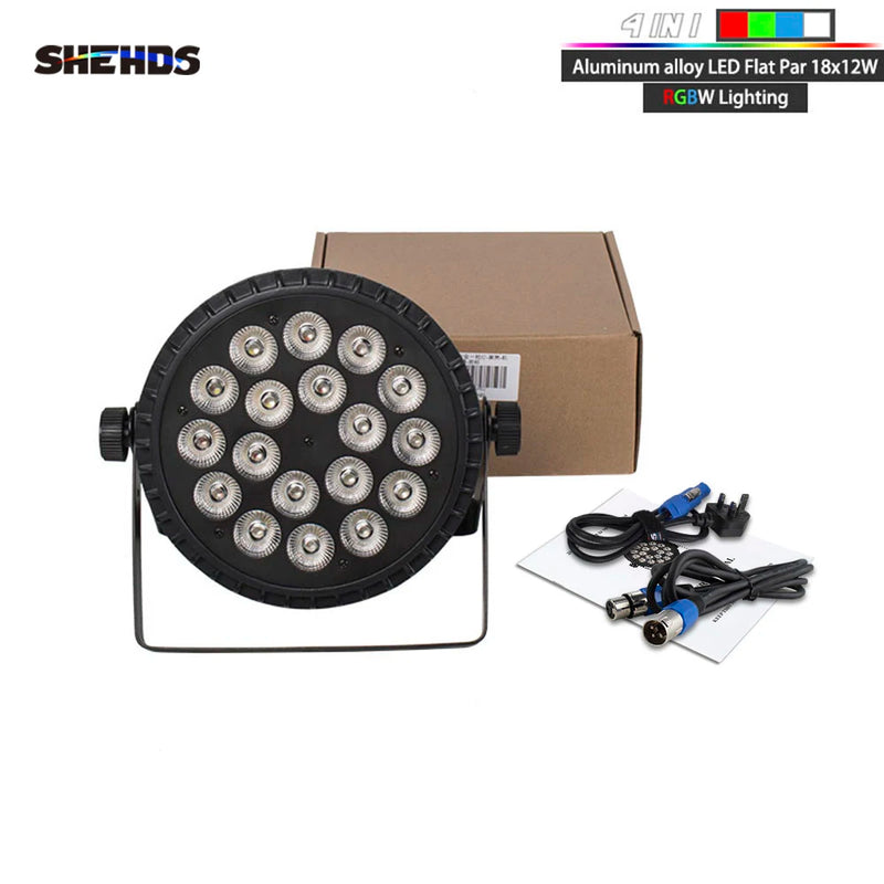 PAR LED aluminium – PAR plat 18 x 12 W RGBW 4 en 1 avec son carton et ses câbles