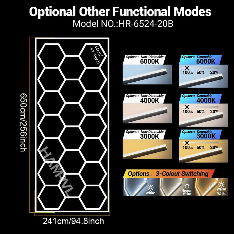 Éclairage LED hexagonal garage modulable, 1 à 25 hexagones, cadres et chevrons