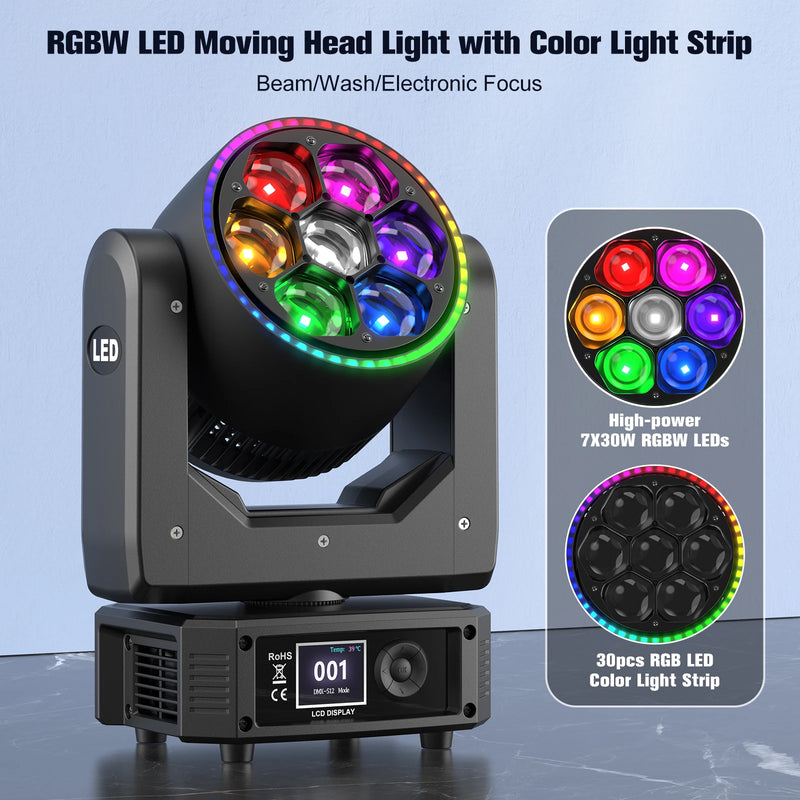 Lyre LED zoom 300 W œil d'abeille, 7 LED RGBW de 30 W et anneau RVB, DMX 30, 42 ou 58 canaux