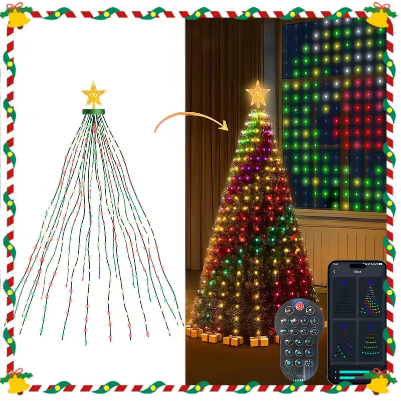 Guirlande lumineuse sapin effet cascade avec étoile et application, 1,8 ou 2,1 m