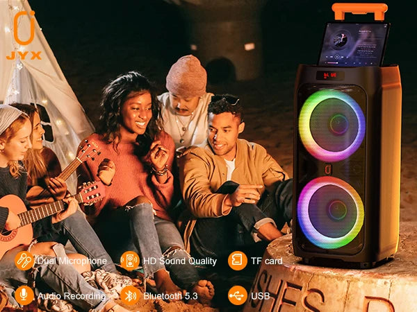 Machine karaoké Bluetooth – colonne lumineuse près d'un feu de camp avec guitare et micros