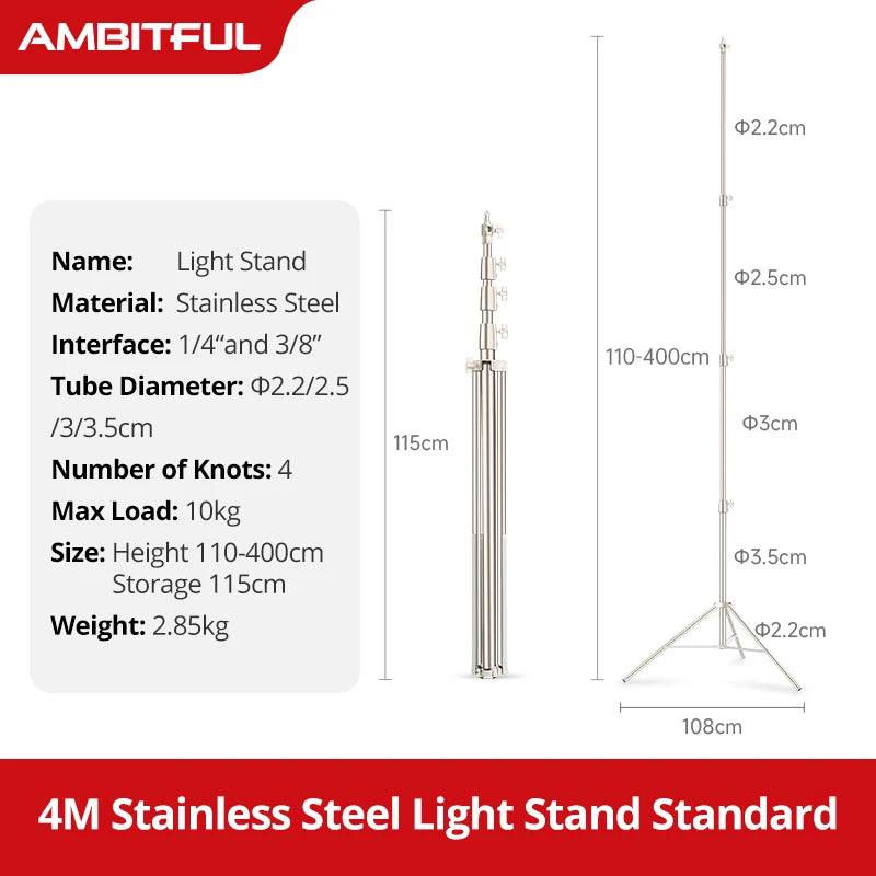 Trépied lumière 4 m – trépied seul avec la fiche des dimensions : 110 à 400 cm, 115 cm replié, 2,85 kg