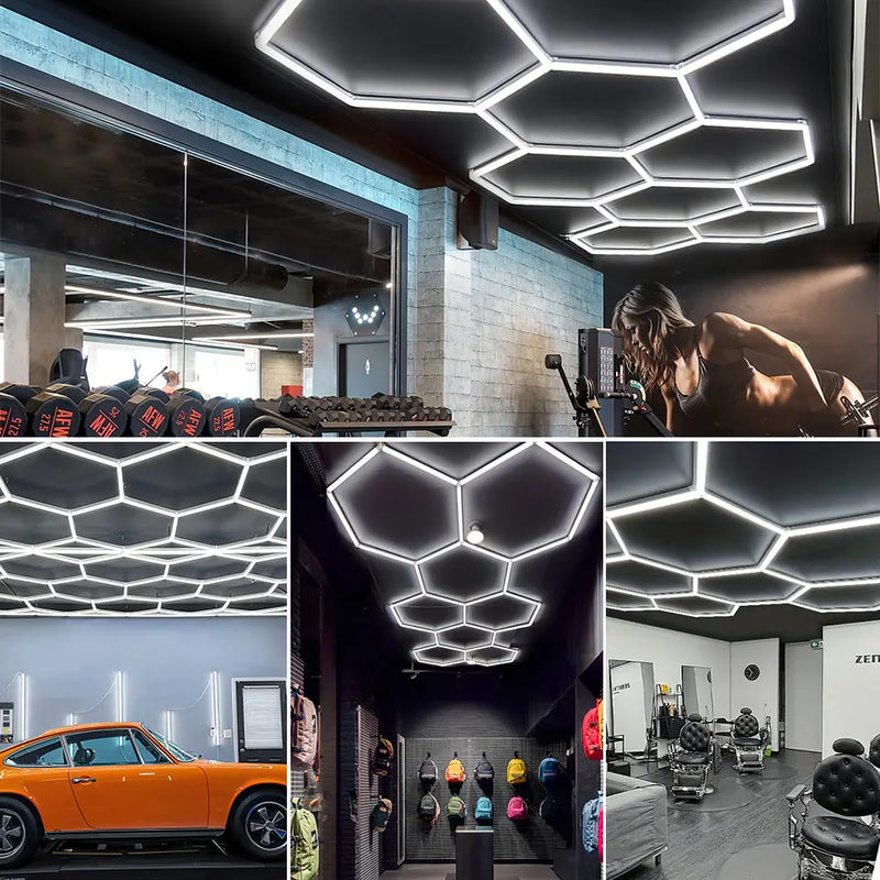 Plafonnier LED nid d'abeille – exemples d'installations dans une salle de sport, un commerce et un salon