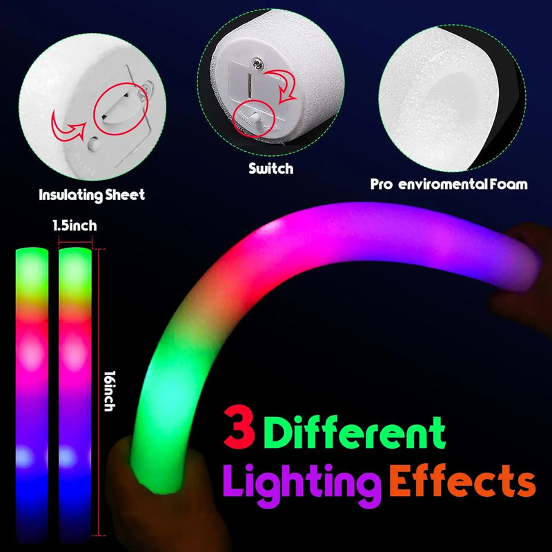 Bâtons lumineux LED en mousse, lot de 30, 3 modes, 9 coloris