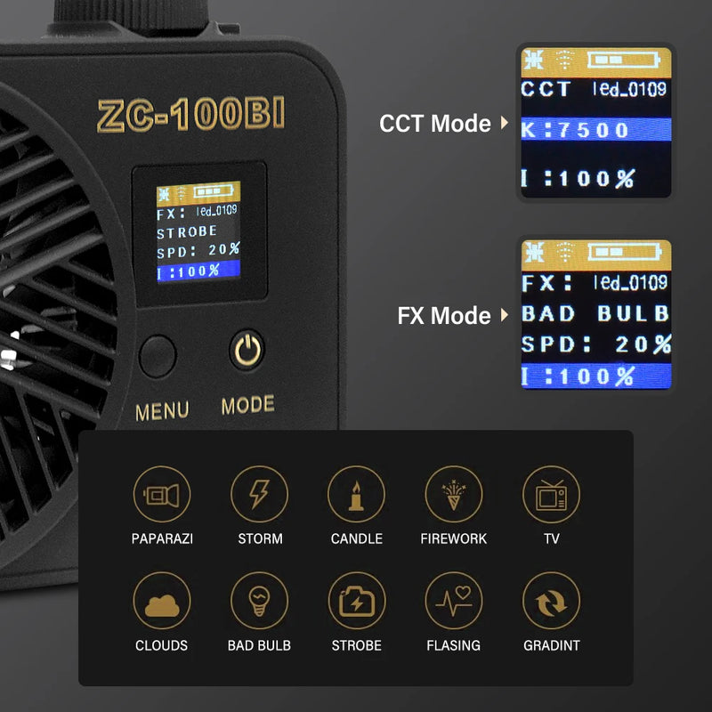 Mini lumière COB 100 W – écran des modes et des 10 effets