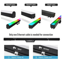 Barres LED pixel RGB 100 cm – lentilles ronde, carrée et noire, entrée et sortie de signal