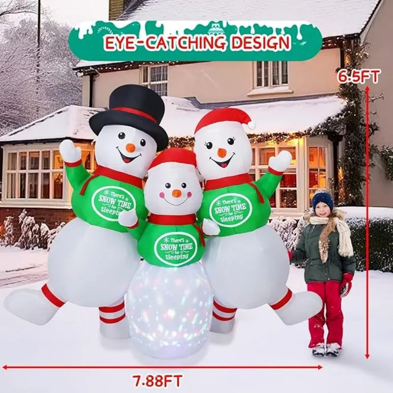 Gonflable de Noël lumineux – dimensions des trois bonhommes de neige comparées à une personne