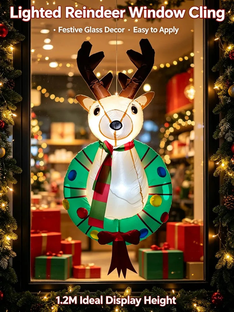 Décoration de fenêtre renne gonflable – renne gonflable lumineux devant des cadeaux dans une vitrine
