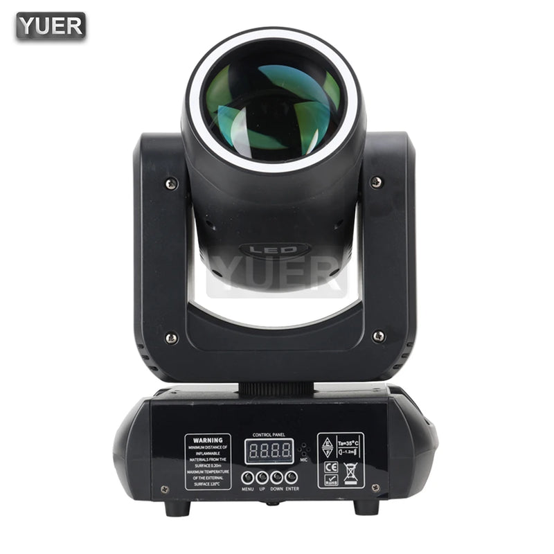 Lyre LED beam 150 W – vue de face avec l'anneau lumineux autour de la lentille
