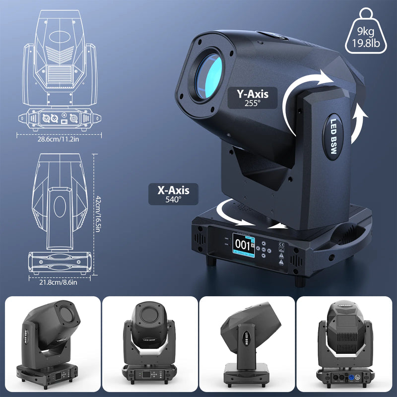 Lyre LED beam spot wash 200 W, zoom 8° à 40°, prisme à 5 faces, DMX 18 canaux