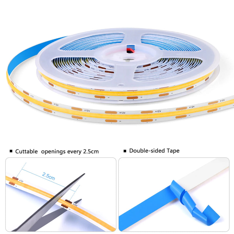 Ruban LED COB à capteur de porte – ruban sur bobine, repères de coupe tous les 2,5 cm et adhésif