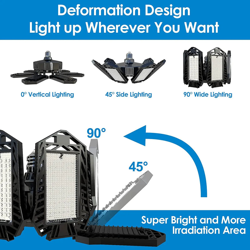 Lampe de garage LED déformable – panneaux réglables à 0°, 45° et 90°