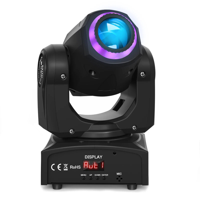 Mini lyre LED beam 60 W à anneau RGB, 8 gobos, DMX, à l'unité ou par 2