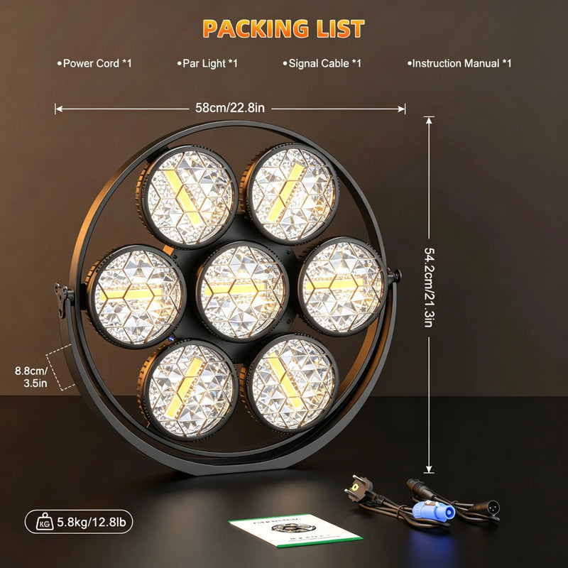 Projecteur vintage 7 LED COB dorées et RGB, 350 W, à l'unité ou par lot